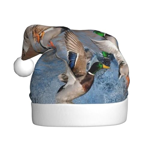 ErKaL Stockente Enten bedruckte Weihnachtsmannmütze, Weihnachtsmütze für Erwachsene, flauschige Weihnachtsmütze für Damen und Herren, Urlaubsparty von ErKaL