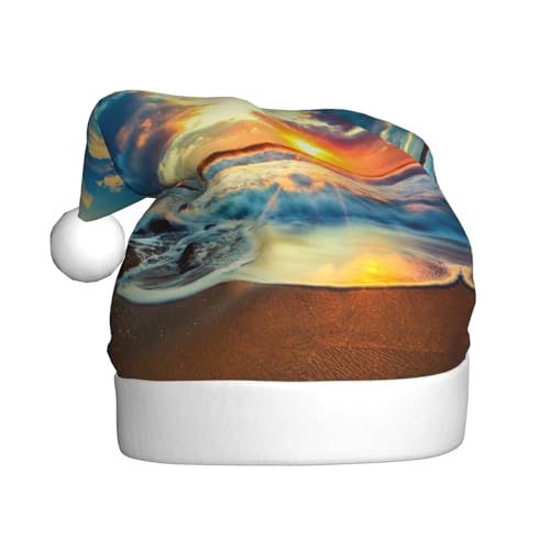 ErKaL Weihnachtsmütze mit Sonnenuntergang am Strand, bedruckte Weihnachtsmütze für Erwachsene, flauschige Weihnachtsmütze für Damen und Herren, Urlaubsparty von ErKaL