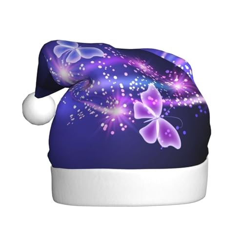 ErKaL Weihnachtsmütze mit niedlichem lila Schmetterlings-Druck, Weihnachtsmütze für Erwachsene, flauschige Weihnachtsmütze für Damen und Herren, Urlaubsparty von ErKaL
