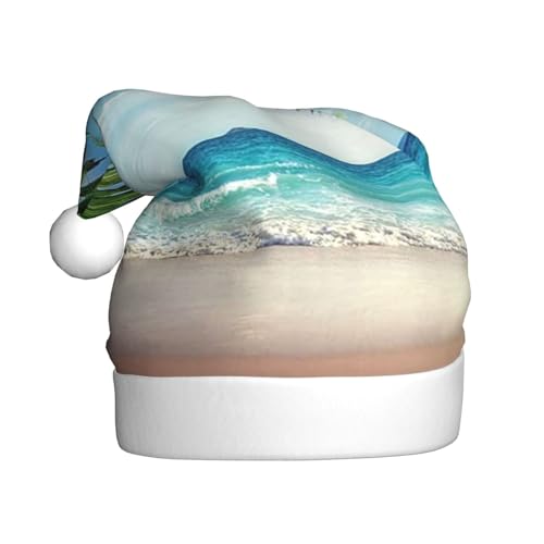 ErKaL Weihnachtsmütze mit tropischer Palme, Hawaii-Strand, bedruckt, Weihnachtsmütze für Erwachsene, flauschige Weihnachtsmütze für Damen und Herren, Urlaubsparty von ErKaL
