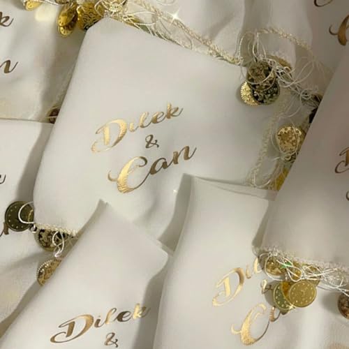 10x Personalisiert Luxus Halay Mendili goldene Schrift Tanztücher Dügün Hochzeit Verlobung Kina Mendil (Weiß) von ErYa