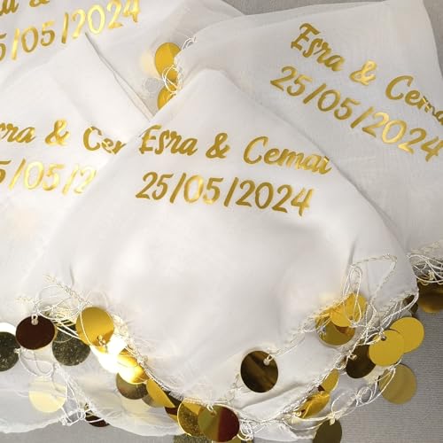 10x Personalisiert Luxus Halay Mendili goldene Schrift Tanztücher Dügün Hochzeit Verlobung Kina Mendil (Weiß) von ErYa
