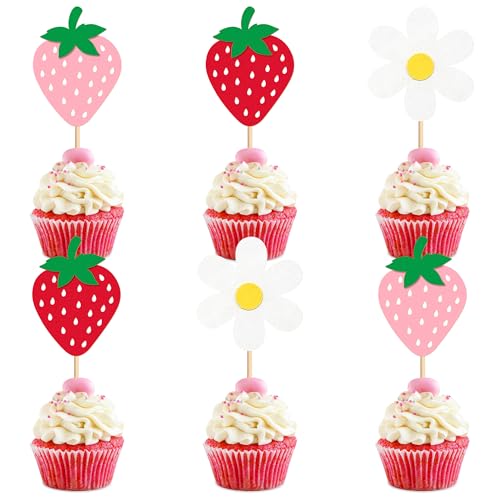 Ercadio 24 Stück Erdbeer-Cupcake-Aufsätze, Glitzer-Blume, Geburtstag, Erdbeere, Kuchen, Picks für Obst, Babyparty, Geburtstag, Beere, süße Cupcake-Dekorationen, Party-Dekor-Zubehör von Ercadio