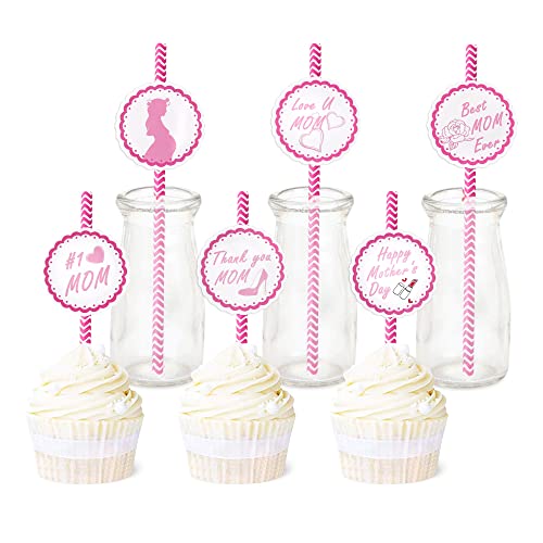 Ercadio 24 Stück Happy Mother's Day Kuchendekorationen rosa Best Mom Ever Papier Kuchendekorationen Love Mom Thank You Mom Kuchen Topper Dekor für Mutter-Themen-Party-Dekoration Zubehör von Ercadio