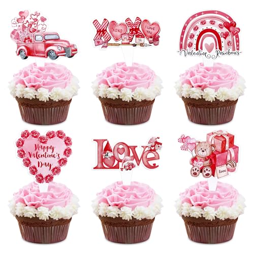 Ercadio 24 Stück Valentinstag Cupcake Toppers Herz Liebe Cupcake Picks Valentinstag Regenbogen Cupcake Toppers Valentinstag Cupcake Picks für Hochzeit Valentinstag Party Kuchen Dekorationen von Ercadio