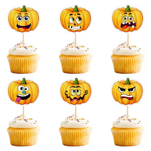 Ercadio 30 Stück Kürbis-Cupcake-Aufsätze, niedlicher Ausdruck, Kuchenspieße, kleiner Kürbis, Babyparty-Dekorationen, lustiges Kürbis-Thema, Babyparty, Kindergeburtstag, Partyzubehör von Ercadio