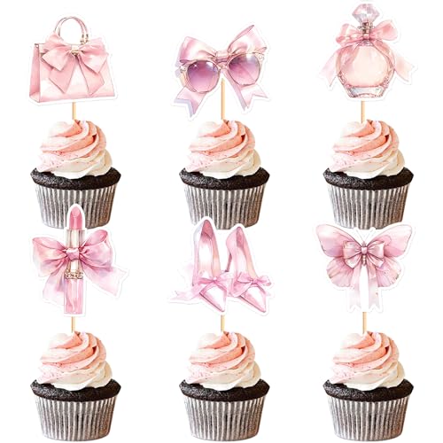 Ercadio 30 Stück rosa Glitzer Damen Make-up Kollektion Cupake Toppers Picks High Heels Parfüm Brille Handtasche Lippenstift für Braut Junggesellinnenabschied Kuchen Mädchen Thema Geburtstag Party von Ercadio