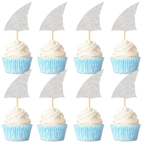 Ercadio Cupcake-Aufsätze, Haifischflossen, silberfarben, glitzernd, für Babyparty, Party, Kindergeburtstag, Cupcake-Picks, Ozean-Tier-Thema, Geburtstagsparty, Kuchendekoration, 24 Stück von Ercadio