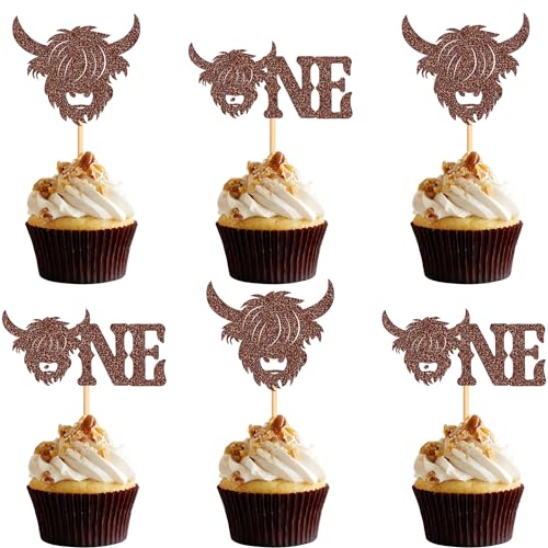 Ercadio Cupcake-Topper, Motiv: Hochlandkuh, glitzernd, Bauernhoftiere, Braun, Hochlandrinder, Kuchenspieße, für Babyparty, Kinder, Jungen, Mädchen, Geburtstagsparty, Kuchendekorationen, Zubehör, 24 von Ercadio