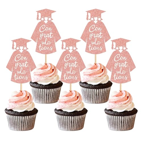 Ercadio Cupcake-Topper 2024, glitzernd, Roségold, Klasse 2024, Abschlussfeier, Kleidung, Cupcake-Picks, 2024, Abschlussfeier, Party, Kuchendekorationen, Zubehör, 24 Stück von Ercadio