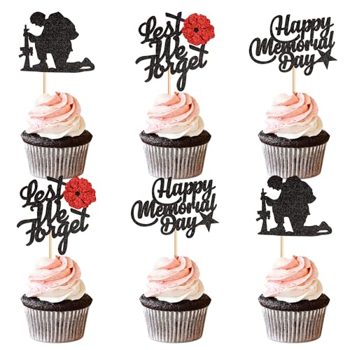 Ercadio Cupcake-Topper "Happy Memorial Day", schwarzer Glitzer, Militär-Soldaten-Thema, "Let's We Not Forget", Cupcake-Picks für Gedenktag, Männer, Geburtstag, Party, Kuchendekoration, Zubehör von Ercadio