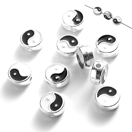 Ericetion 10pcs Yin Yang Perlen 10mm-tai Klatschpolymerperlen Sperrschwarz-schwarz Weiß Flach Rund Gedruckte Perlen-Loose-Abstand von Ericetion