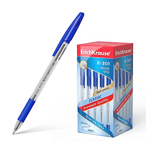 Erich Krause Kugelschreiber 0,5mm 50er Pack Blau - einfaches und weiches Schreiben - schlanke Form & transparent - Kullis & Schreibtischzubehör - mit Gummigriff - R-301 Classic von Erich Krause
