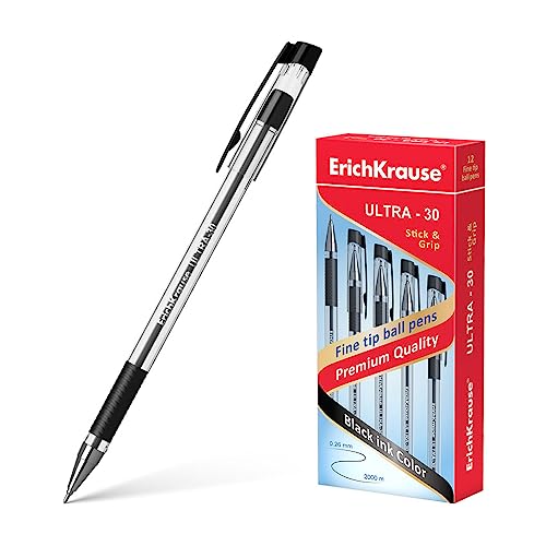 ErichKrause Kugelschreiber 0,26mm 12er Pack Schwarz - einfaches und weiches Schreiben - schlanke Form & transparent - Kullis & Schreibtischzubehör - mit Gummigriff - ULTRA-30 Classic von ErichKrause