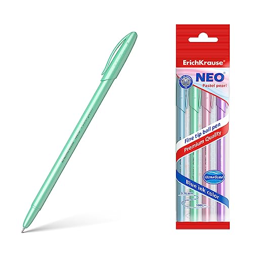 Kugelschreiber Neo Pastell Pearl Kunststoff Nadelspitze Tinte blau 4er Pack - Strichstärke EF - Bürobedarf Schreibstift blauschreibend - Ultra Glide Kullis & Schreibtischzubehör von ErichKrause