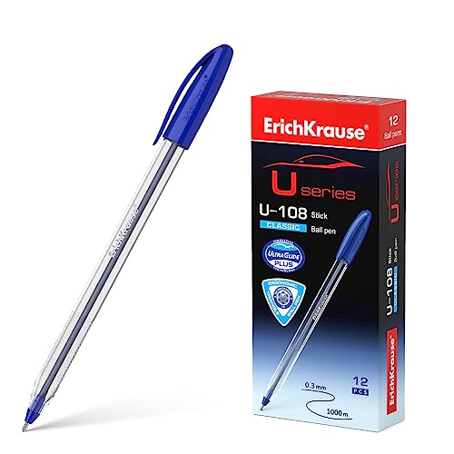 Erich Krause Kugelschreiber 0,3mm 12er Pack Blau - einfaches und weiches Schreiben - schlanke Form & transparent - Kullis & Schreibtischzubehör - U-108 Classic von Erich Krause