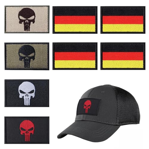 8 Stück Deutschland Flagge Patch mit Klett, Skull Patches Klett Deutschland Taktischer Aufnäher Moral-Patch für Taktische Kleidung Rucksack Baseballkappe Uniform Weste Hundegeschirr Punisher Patch von Erioscar