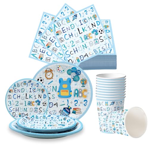 Einschulung Partygeschirr Set, Schulanfang Pappgeschirr Set, Schulkind Party Geschirr set, mit 20 Servietten, 20 Pappteller, 10 Pappbecher, Schulkind Schuleinführung Tischdeko für Jungen Mädchen von Eroionet