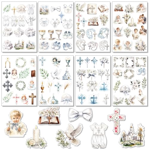 8 Bögen Aufkleber Kommunion, Aufkleber Taufe,Aufkleber Konfirmation,Sticker Taufe,ideal zum Kommunion, Konfirmation, Taufe - Stickerbögen für Gästebuch Fotoalbum, für Mädchen und Junge von Eroionet