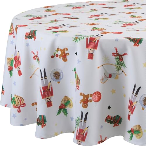 Erwin Müller Tischdecke Nussknacker fleckabweisend weiß-rot Größe rund: 160 cm Ø - pflegeleicht und strapazierfähig, mit Fleckschutz, Motiv Lebkuchenmännchen, Weihnachten von Erwin Müller