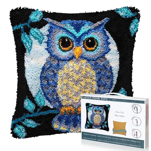 EsLuker.ly DIY Latch Hook Pillow Kit, Owl Pattern Cushion Kit für Erwachsene Anfänger, Latch Hook Set mit vorgedruckten Canvas Soft Yarn, perfekte kreative Handwerk für Home Decor (Owl, 17x17) von EsLuker.ly