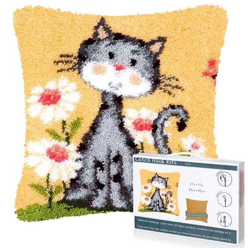 EsLuker.ly Katze Knüpfkissen Set Zum Selber Knüpfen für Erwachsene und Anfänger, DIY Kissenbezug mit Knüpfhaken-Set Latch Hook Cushion Kit, Kreatives Basteln Ideal für Home Decor 43x43cm von EsLuker.ly