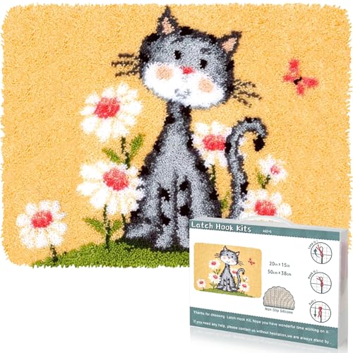 EsLuker.ly Knüpfhaken-Teppich-Set, DIY-Häkelteppich für Erwachsene, Kinder, Anfänger, Katzenmuster, vorgedrucktes Segeltuchgarn, Teppich-Hakensets, kreatives Basteln, Heimdekoration, ideal zum Lernen von EsLuker.ly