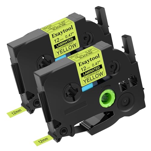 Esaytool P-Touch TZe-C31 TZeC31 TZeC31 TZC31 12 mm x 5 m fluoreszierendes laminiertes Klebeband schwarz auf gelb für PTH110 PTD210 PTD600 PT-P710BT PTD400AD PT-D450 (2 Stück) von Esaytool