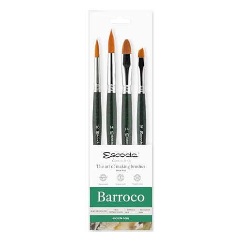 Escoda Aquarellfarben-Set, Barroco-Serie für Aquarellfarben, Größe 10, 10, 14, 14, 14, 4 Pinsel, synthetischer Gold-Toray, rund, spitz, hell, eckig von Escoda