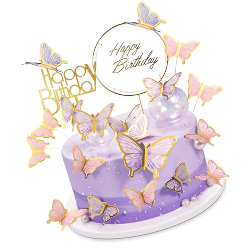 22 Stück Schmetterlinge Cupcake Topper, Mädchen Dekoration für Geburtstagsfeier, Hochzeit, Babyparty, Hochzeitstag (lila + rosa) von Esforzarse