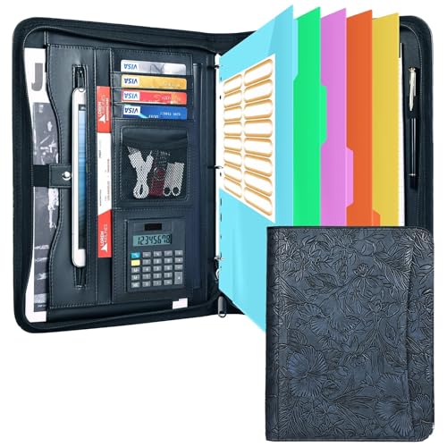 Eshow Portfolio-Organizer – 3-Ringbuch mit Reißverschluss, veganes Leder, Business-Padfolio-Mappe mit Notizblock, inklusive 5 farbigen Schutzfolien für Dokumente, Akten für Männer und Frauen von Eshow