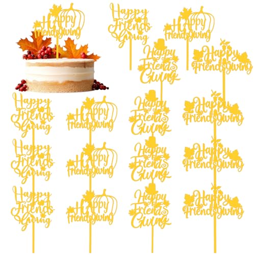16 Stück Happy Friendsgiving Acryl-Kuchenaufsätze mit goldenem Glitzer, Happy Thanksgiving Kuchendekorationen für Happy Friendsgiving Party Favors Thanksgiving Thema Geburtstag Party Supplies von Eshylala