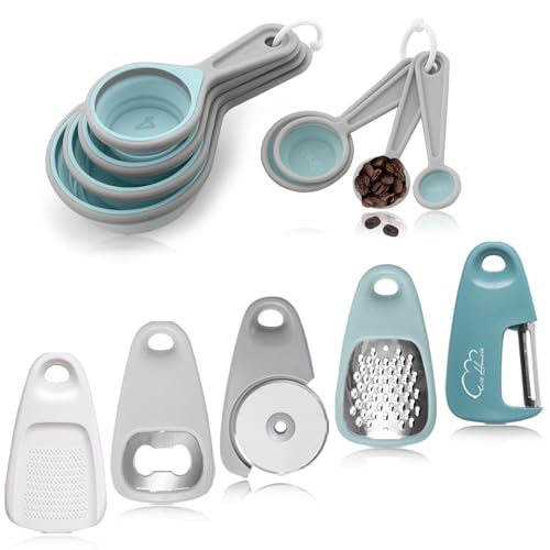 13-teiliges Set mit Messbechern und Messlöffeln,Platzsparende Küchenhelfer aus Silikon, Käsereibe, Pizzaschneider, Schäler, Flaschenöffner, Knoblauchmühle für kleine Küchen im Wohnmobil von Esie Houzie