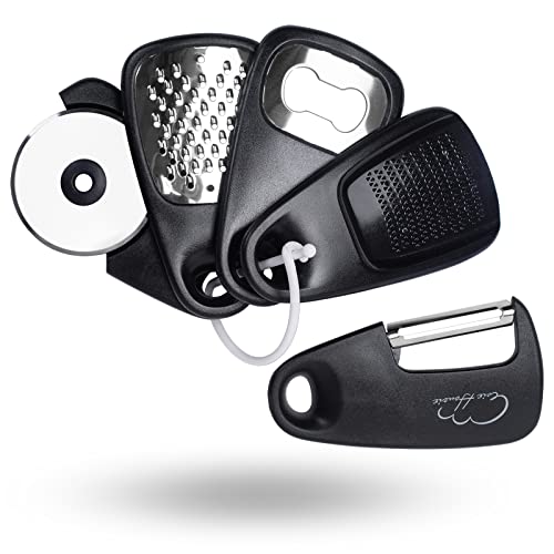 5er-Set Küchenhelfer, Mini Gemüseschäler Platzsparendes Küchenzubehör, Campingzubehör, Käse Schokoraspel, Flaschenöffner, Pizzaschneider, Knoblauch Ingwerreibe (schwarz) von Esie Houzie