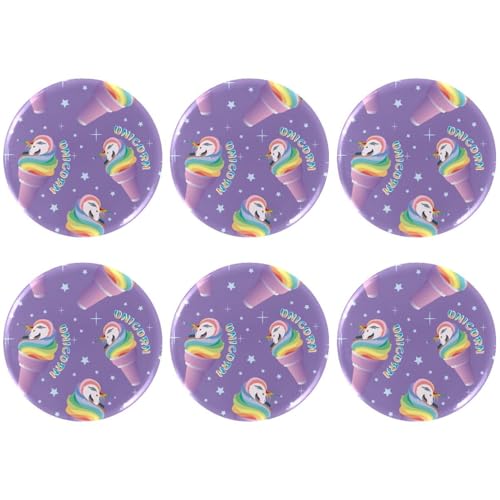 Eslifey 6 Stück 5,6 cm große Knöpfe mit Anstecknadel, Cartoon-Eiscreme-Einhorn, violettes Muster, runde Bastelknöpfe für Bastelbedarf, DIY-Abzeichen, Anstecknadeln, Schulprojekte von Eslifey
