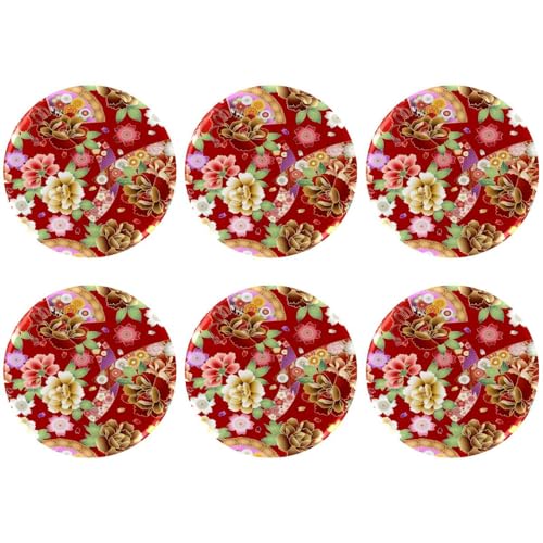 Eslifey 6 Stück 5,6 cm große Knöpfe mit Anstecknadel, japanische Pfingstrose, Blumenmuster, faltbar, rotes Muster, runde Bastelknöpfe für Bastelbedarf, DIY-Abzeichen, Anstecknadeln, Schulprojekte von Eslifey