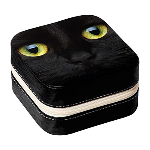 Eslifey Tragbare Mini-Schmuckschatulle für Reisen, schwarze Katze, kleiner Schmuckkoffer für Damen, Lederring-Organizer von Eslifey