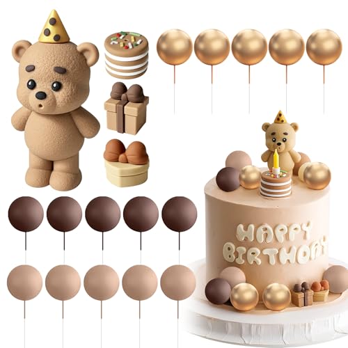 Esoes 19 PCS Tortendeko Bär Tortendeko für Taufe Junge Mädchen 1 Jahr Braune Kugeln Kuchentopper Dunkelbraun Kuchen Dekoration für Hochzeit Babyshower Geburtstag Party von Esoes