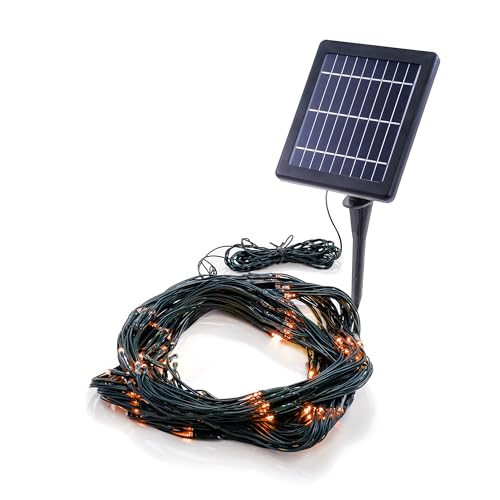 esotec Solar Lichternetz, 144 bernstein-farbene LEDs, 1,5x1,5m, Zuleitung 3m, 3 Lichtstärken wählbar, LiFePo4 Akku, Solarmodul, Wandhalterung, Erdspieß, Weihnachts-Lichterkette outdoor außen, 102191 von Esotec