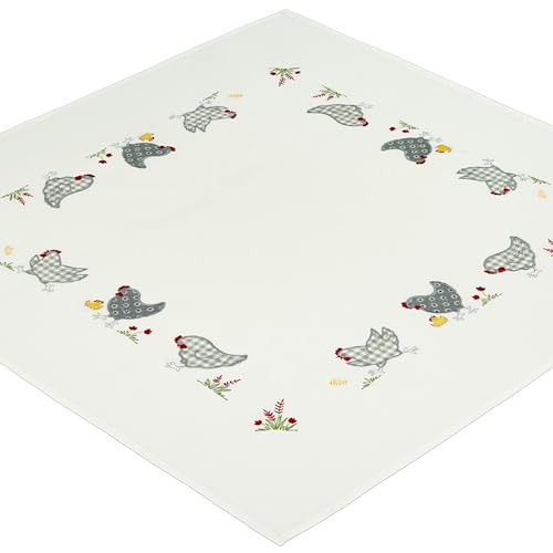 Espamira Hühner Tischdecke 85x85 cm Ostern Osterdecke Mitteldecke Weiß Stickerei Hellgrau Bunt 100% Polyester von Espamira
