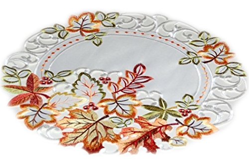 Espamira Tischdecke Herbst Rund 40 cm Bunte Blätter Mitteldecke Weiß Blätterdecke Decke Stoff Bestickt Tischdekoration Pflegeleicht von Espamira