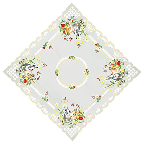 Espamira Tischdecke Ostern 85x85 cm Weiß Stickerei Osterhasen Blumen Osterei Mitteldecke Decke Tischdeko 100% Polyester von Espamira