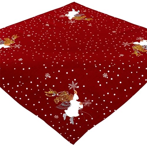 Espamira Tischdecke Weihnachten 85x85 Engel Weihnachtsdecke Weihnachtstischdecke Decke Gold Eckig Stoff Bestickt Pflegeleicht (Rot) von Espamira