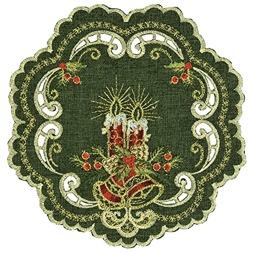 Tischdecke Weihnachten Leinenoptik Decke Mitteldecke Weihnachtsdecke Grün Kerze (20 cm Tischdecke rund) von Espamira