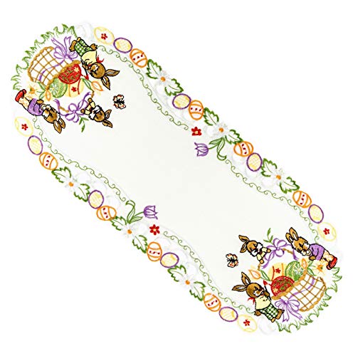 Espamira Tischdecke für Ostern Weiß Osterhase Ei Schleife lila bunt gestickt Polyester Osterdecke (22 x 55 cm) von Espamira