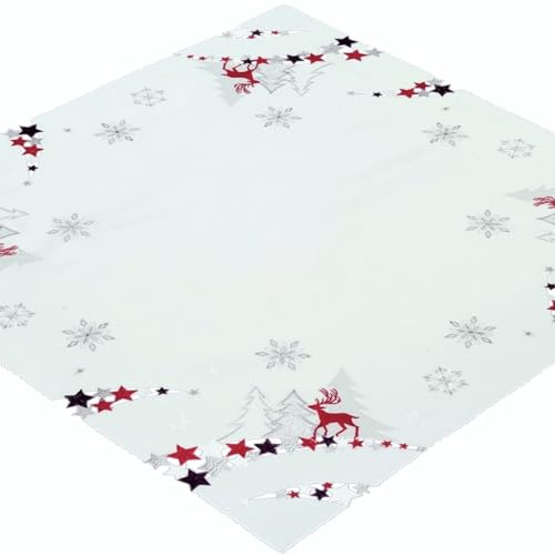 Espamira Weihnachtsdecke 85x85 cm Mitteldecke Decke Tischdecke Weihnachten Stickerei Hirsch (Weiß Hirsch Rot Grau Silber) von Espamira