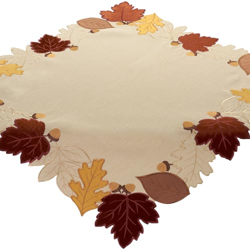 Tischdecke Beige Herbst Stoff Bestickt Mitteldecke Halloween Blätter 85 x 85 Tischwäsche Applikation Waschbar von Espamira