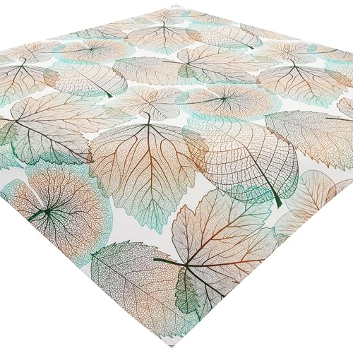 Tischdecke Bügelfrei Mitteldecke Herbstlich 110 x 110 Tischwäsche Stoff Blätter Türkis Bunt Drucktischdecke Pflegeleicht Waschbar von Espamira