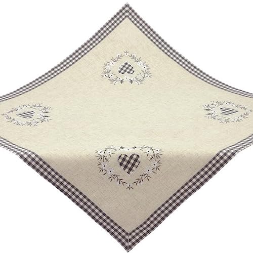 Tischdecke Landhaus Küche Stoff Bestickt Mitteldecke 85 x 85 cm Tischwäsche Beige Herz Grau Kariert Leinenmischung von Espamira