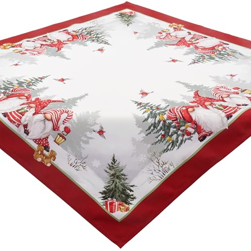 Tischdecke Weihnachten 85x85 Wichtel Rot Weiß Mitteldecke Winter Weihnachtstischdecke Stoff Pflegeleicht Waschbar von Espamira